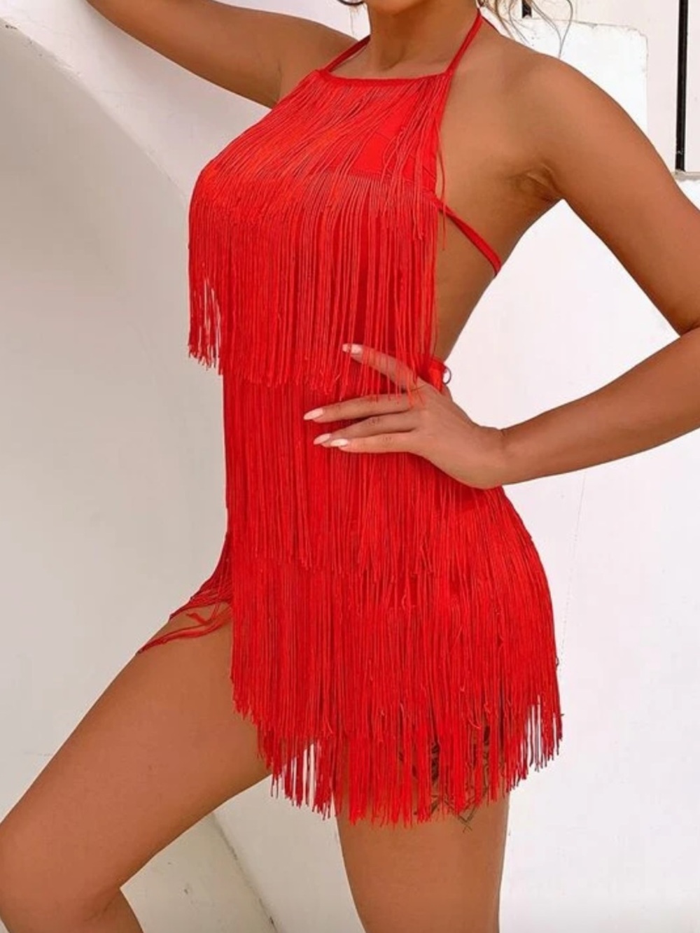 Red Fringe Halter Romper Dress
